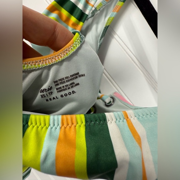 Aerie women’s one piece striped swimsuit with front tie lacing. Size XS - Picture 3 of 7